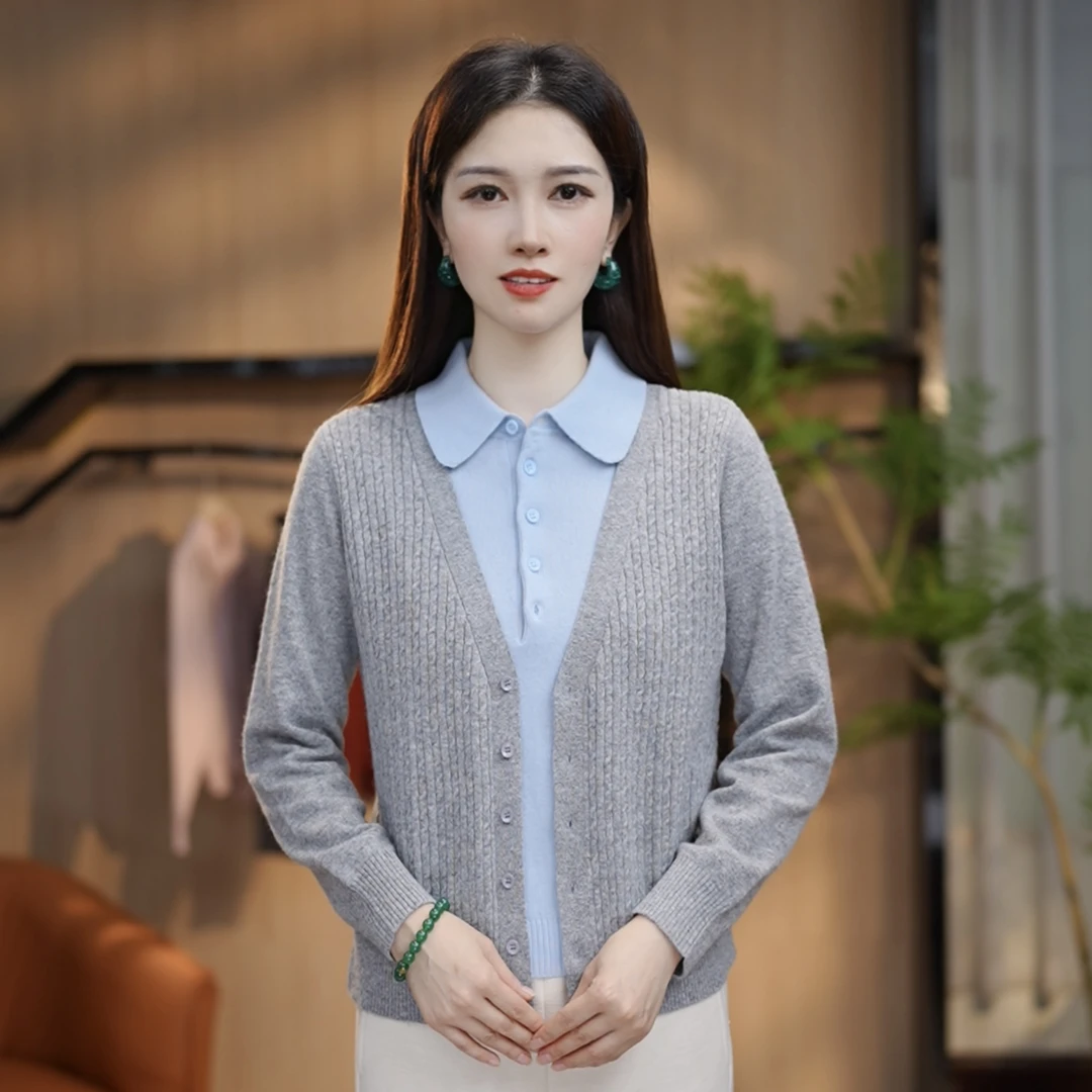 [100%纯羊毛]单排扣气质假两件秋冬百搭显瘦套头针织女上衣8680