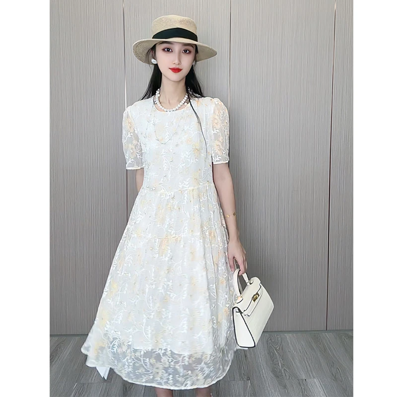 100桑蚕丝真丝顺纡花朵金线刺绣宽松裙子真丝连衣裙女长裙LYQ140