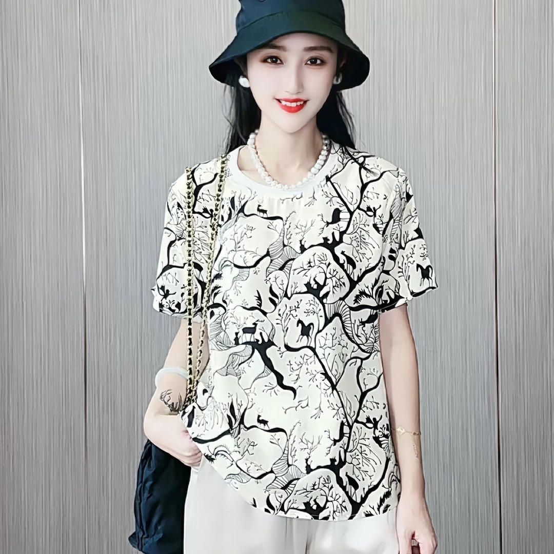 100桑蚕丝麋鹿之森气质休闲全真丝女士短袖T恤DX056