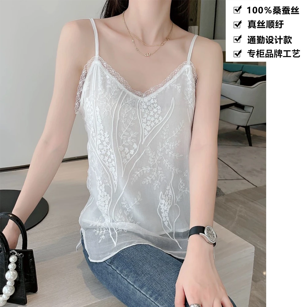 100桑蚕丝吊带真丝顺纡重工花枝刺绣新国风背心女打底上衣BX002