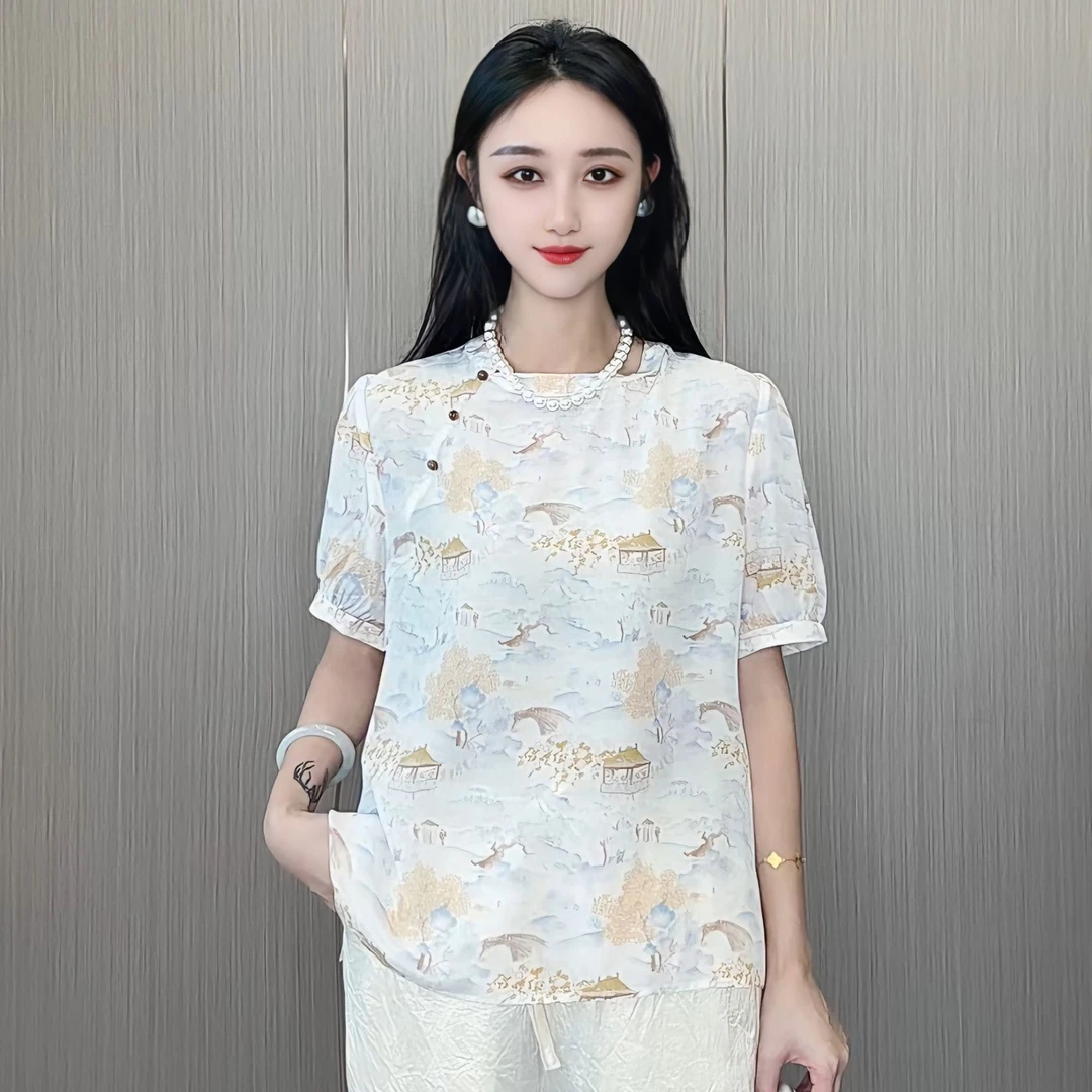 100桑蚕丝国风中式斜襟锦亭云上真丝小衫短袖DX064
