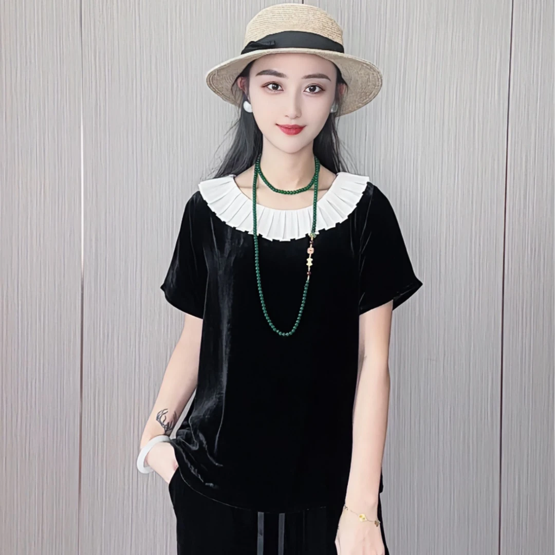 100桑蚕丝丝绒花边圆领减龄百搭真丝丝绒短袖显瘦t恤女上衣DX153