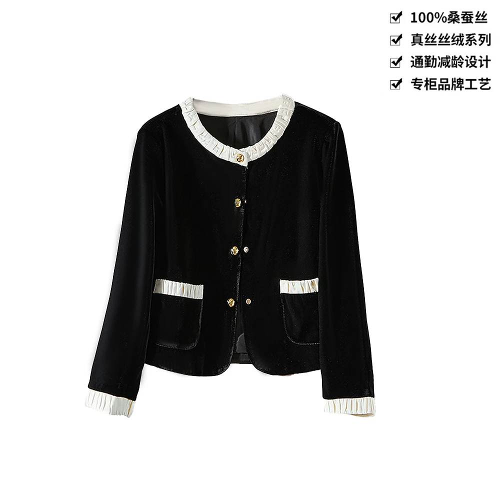 100桑蚕丝丝绒小香风外套气质褶皱花边口袋真丝丝绒外套上衣WT078