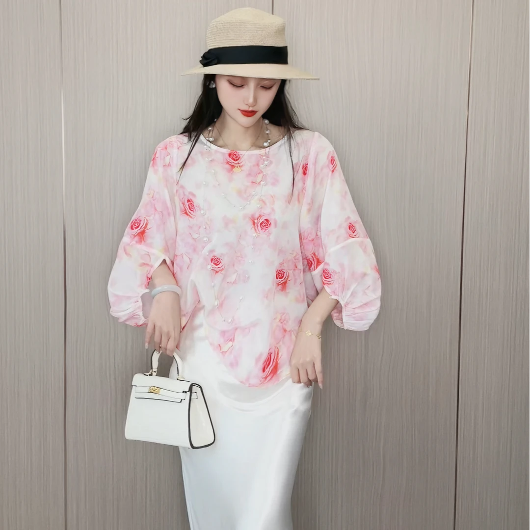 100桑蚕丝真丝双绉港岛玫瑰灯笼袖上衣DLX103