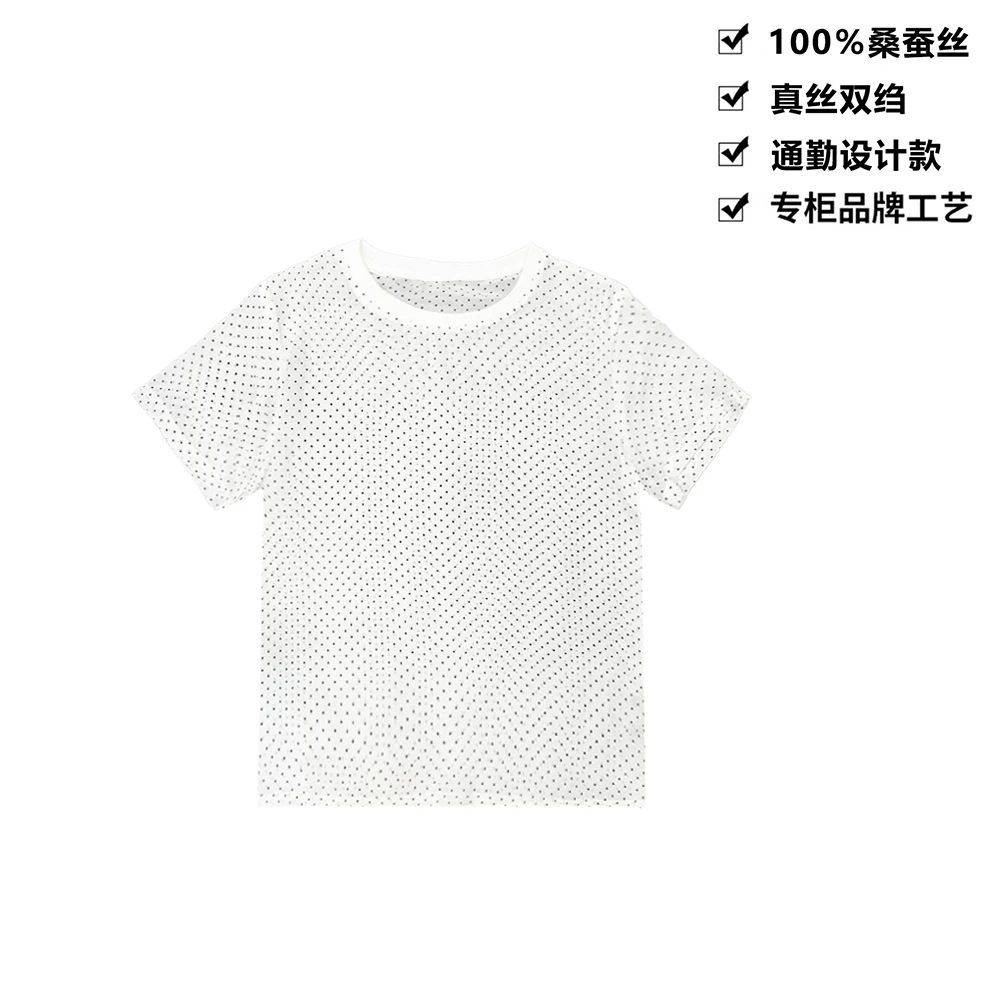 100桑蚕丝极细波点休闲全真丝女士短袖T恤女新款DX325