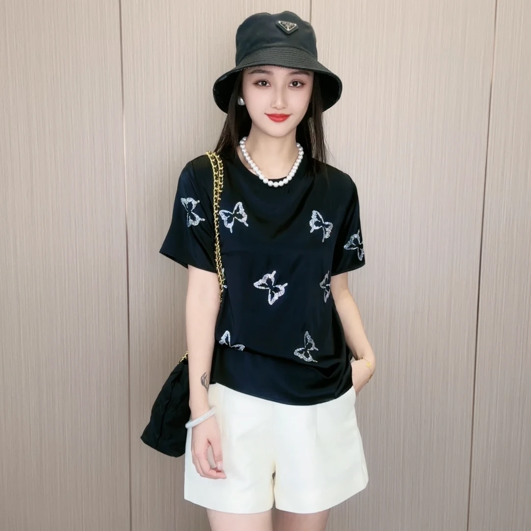 重磅桑蚕丝弹力缎蝶影闪耀洋气短袖全真丝上衣圆领女t恤ZK120