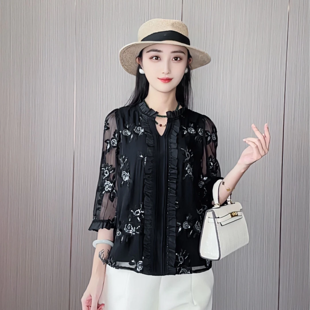 100桑蚕丝真丝顺纡玫瑰珠片刺绣洋气花边小衫真丝七分袖DLX155