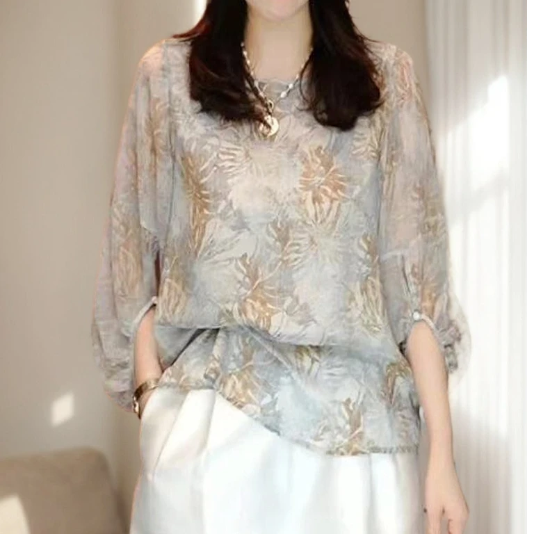 100桑蚕丝复古几何印花休闲圆领宽松灯笼袖小衫真丝上衣DLX188