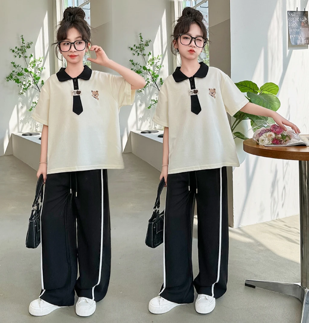 女童夏季短袖polo衫T恤学院风套装中大童休闲校园风夏款儿童夏装