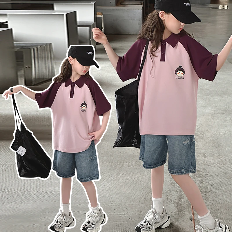 2024年夏季新款韩版儿童休闲POLO衫女孩洋气卡通两件套