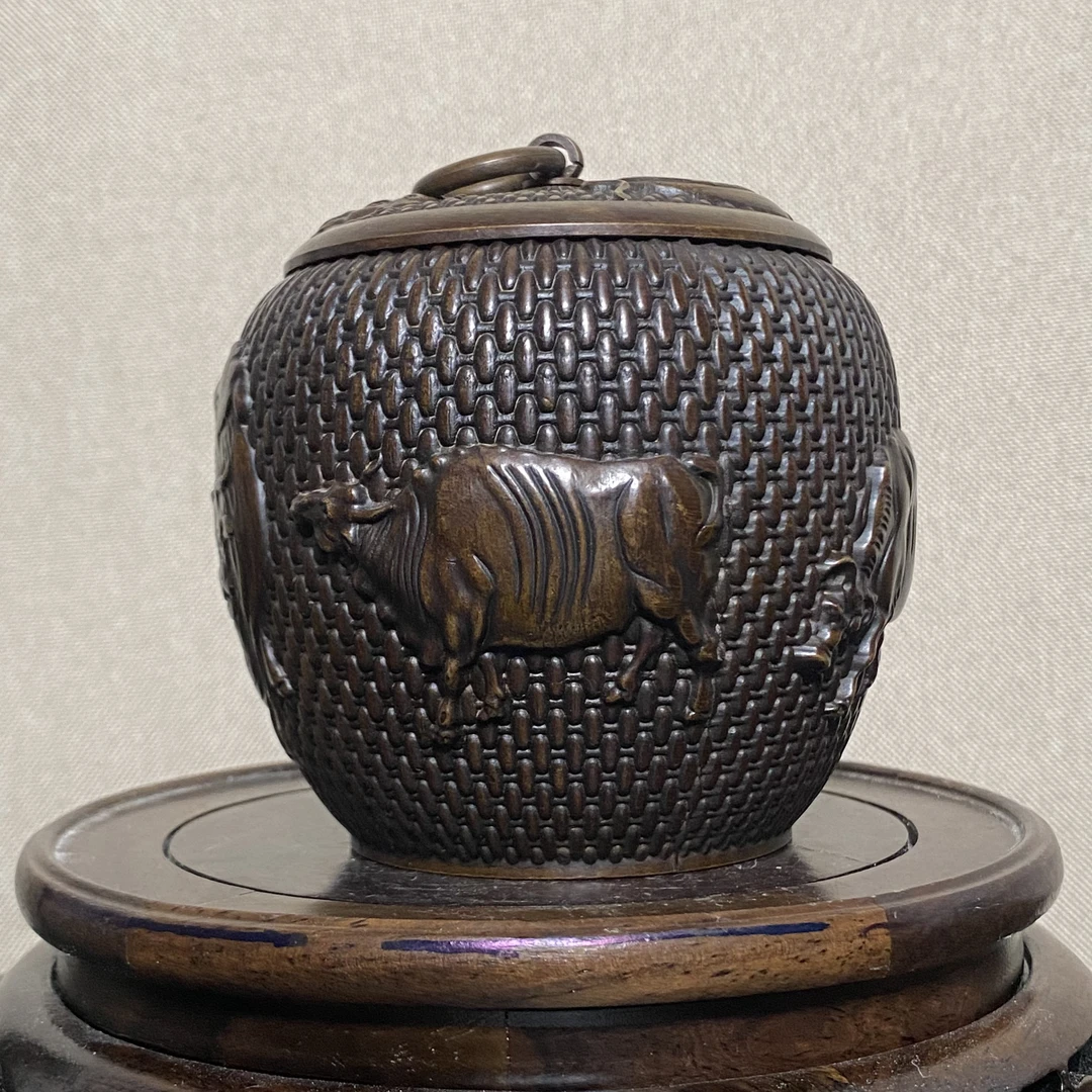 黄铜五牛茶叶罐古玩工艺家居摆件