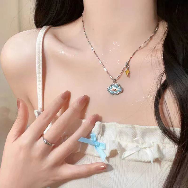 铜项链 彩色云朵星星微镶锆石项链女高级感锁骨链夏季甜酷风颈链