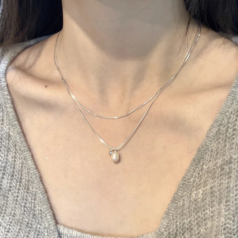 合金仿珍珠项链 双层叠戴项链女轻奢高级小众锁骨链气质简约颈链