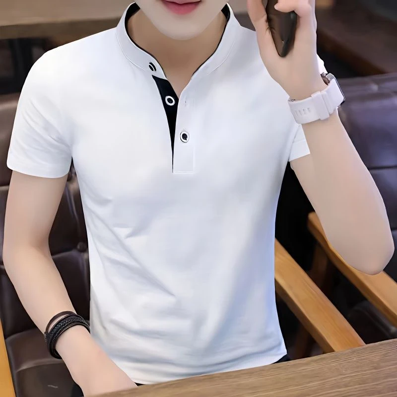 男士短袖t恤2023新款潮牌男装纯棉修身白色半袖男潮牌有领polo衫