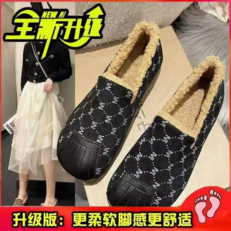 wm冬季加绒加厚毛毛鞋女软底防滑豆豆鞋时尚百搭女鞋保暖韩版