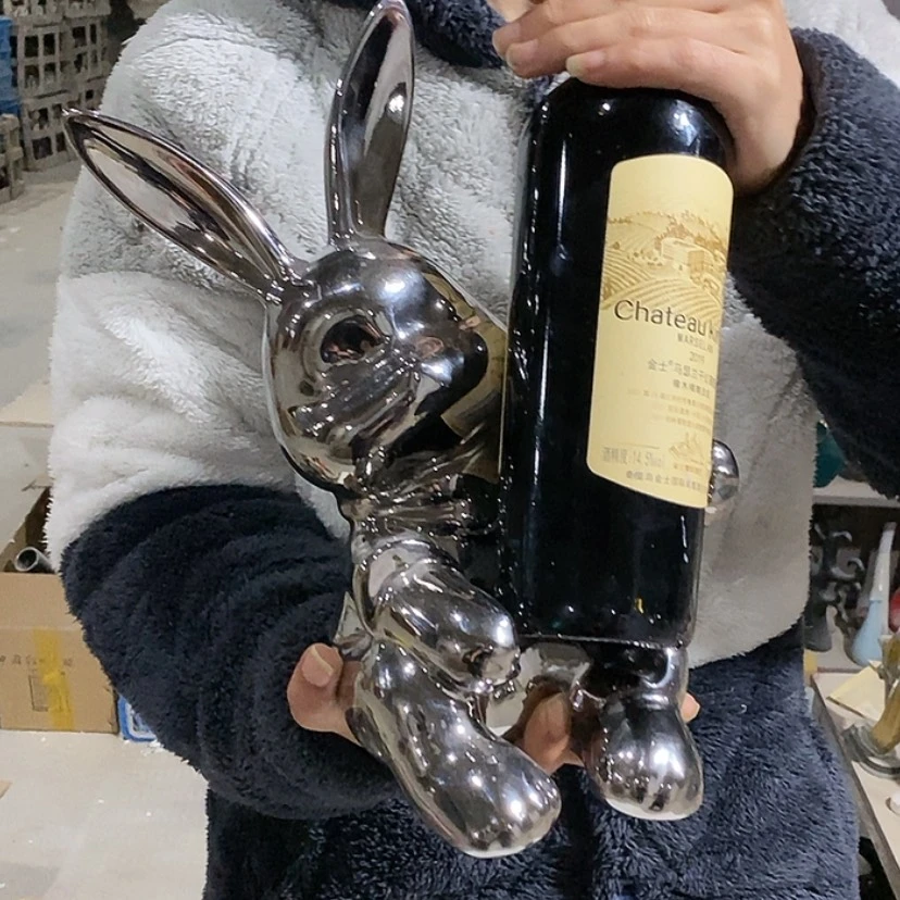 【闪购商品】陶瓷摆件电镀银兔子红酒托