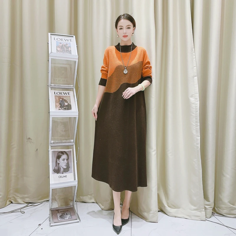 5821三色美拉德气质设计师秋冬长款轻奢针织连衣裙