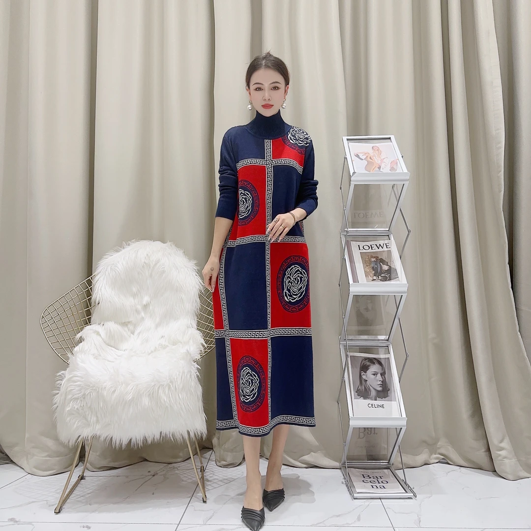 5007美琳同款织绘气质设计师秋冬长款提花轻奢针织连衣裙复古优雅