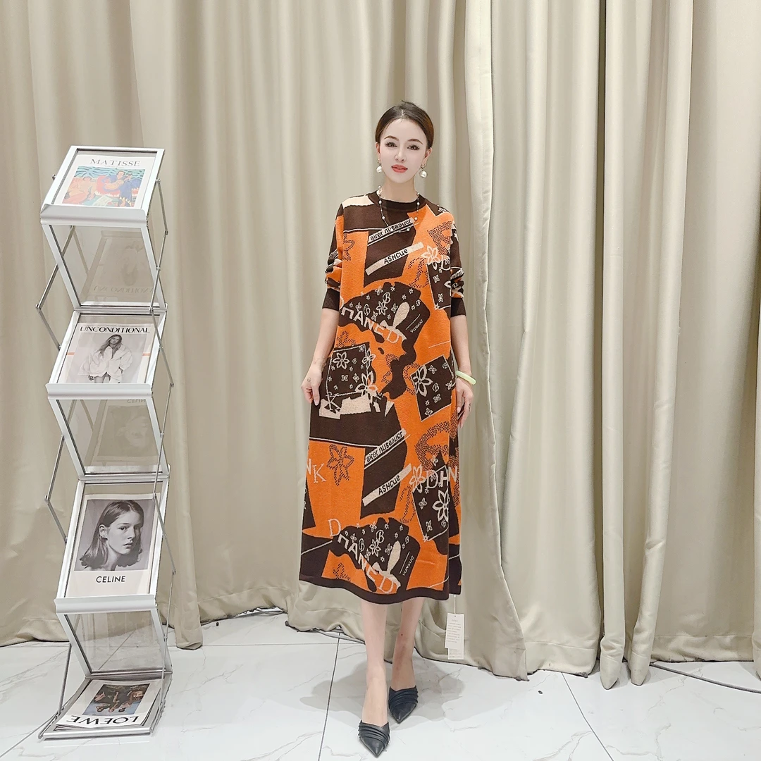 5416爱马橙拼接气质设计师秋冬长款提花轻奢针织连衣裙时尚显瘦