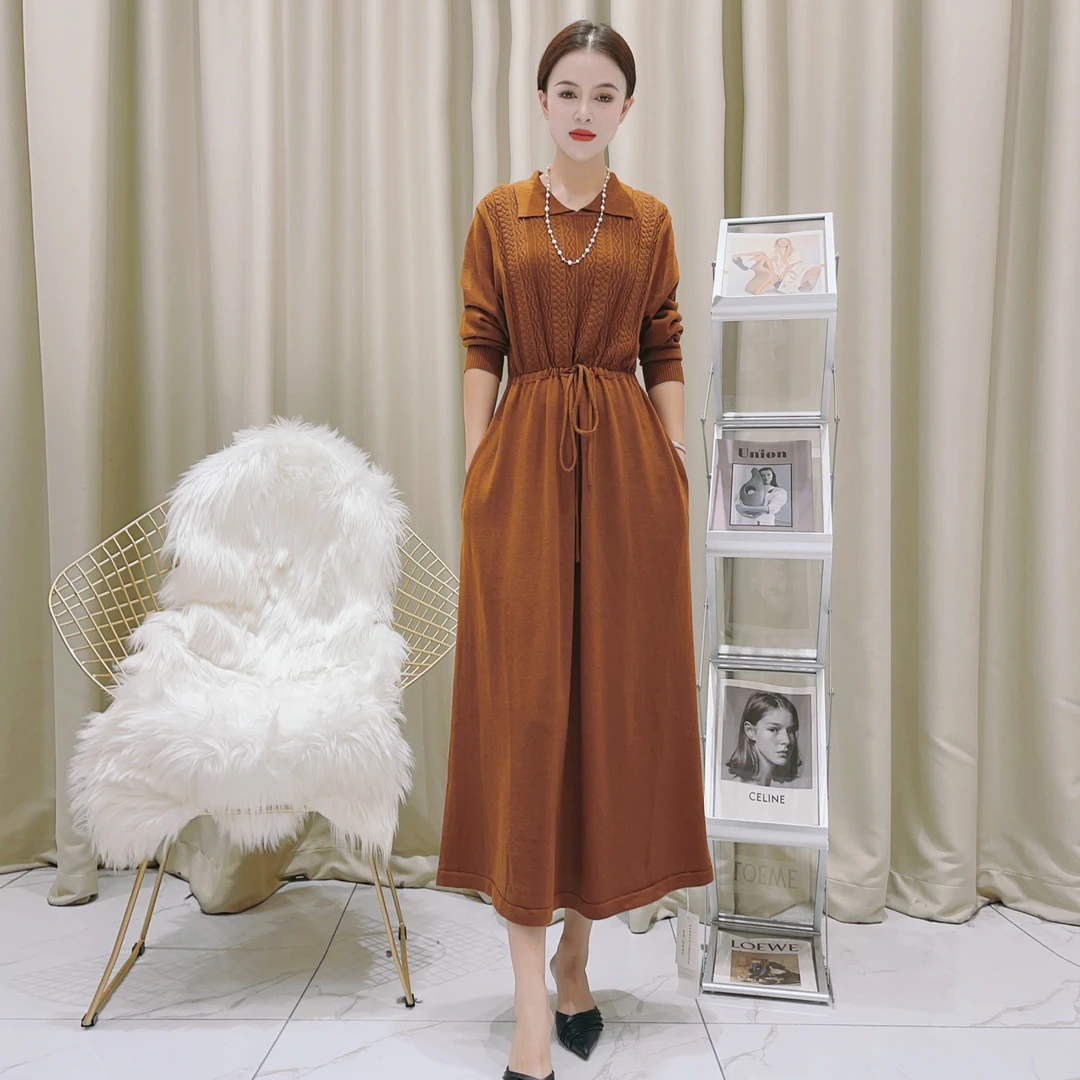 671金棕色立体提花抽绳气质设计师秋冬长款提花轻奢针织连衣裙