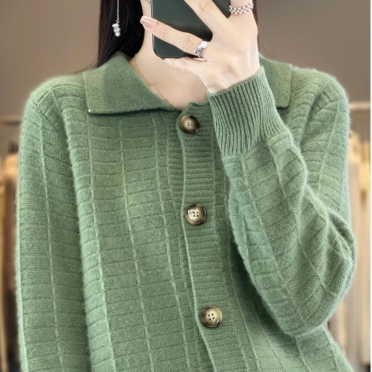 《烨控》100%羊毛女士针织衫宽松显瘦加厚翻领开衫一件过冬  ZM-013