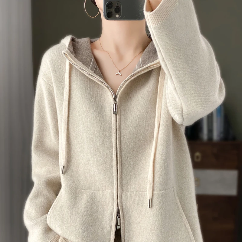 【100%纯羊毛】24新款拼色四平加厚空气层女士羊毛帽衫柔软亲肤