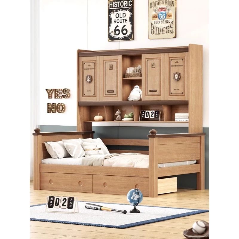 全实木儿童床衣柜床一体小户型多功能高箱床美式男孩女孩储物床