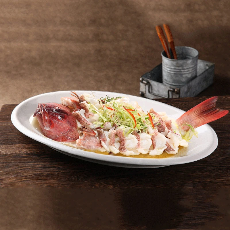 家用酒店蒸鱼餐具陶瓷鱼盘椭圆形鱼盘子超大号鱼碟餐厅饭店鱼形盘