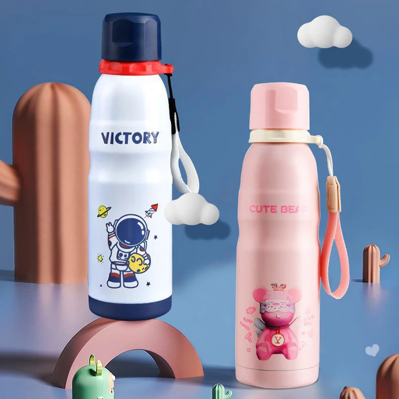 新款高颜值北极行不锈钢吸管保温杯宇航员卡通提绳便携学生直饮杯