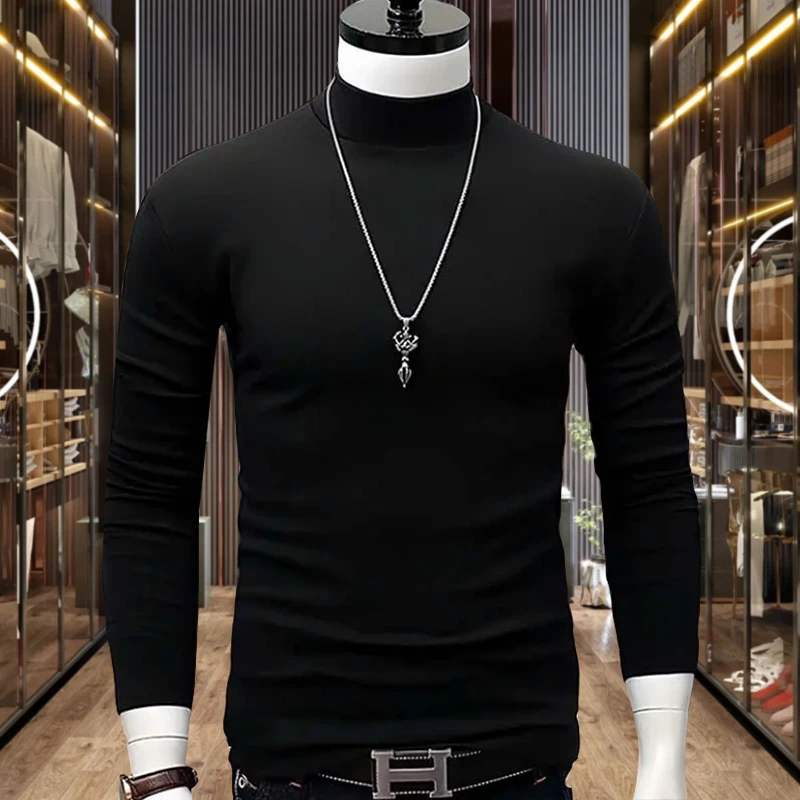 【铂梵蔻】半高领打底衫上衣男士秋冬韩版修身潮流内搭双面德绒体恤