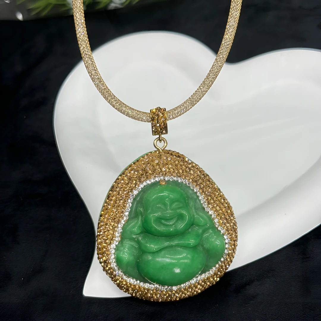 铜合金合成锆石吊坠 SY欧美时尚轻奢精美雕刻FC绿色佛公坠 百搭款