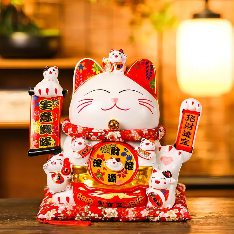 招财猫摆件开业11寸大号陶瓷礼品 店铺专用配墨镜创礼品11寸14寸