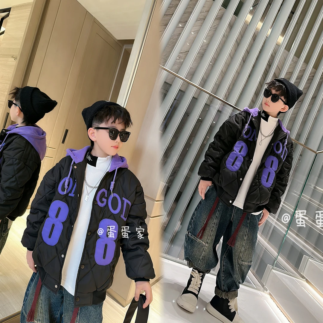 蛋蛋家【王牌飞行员】秋冬新款儿童时尚黑紫88连帽棒球服外套