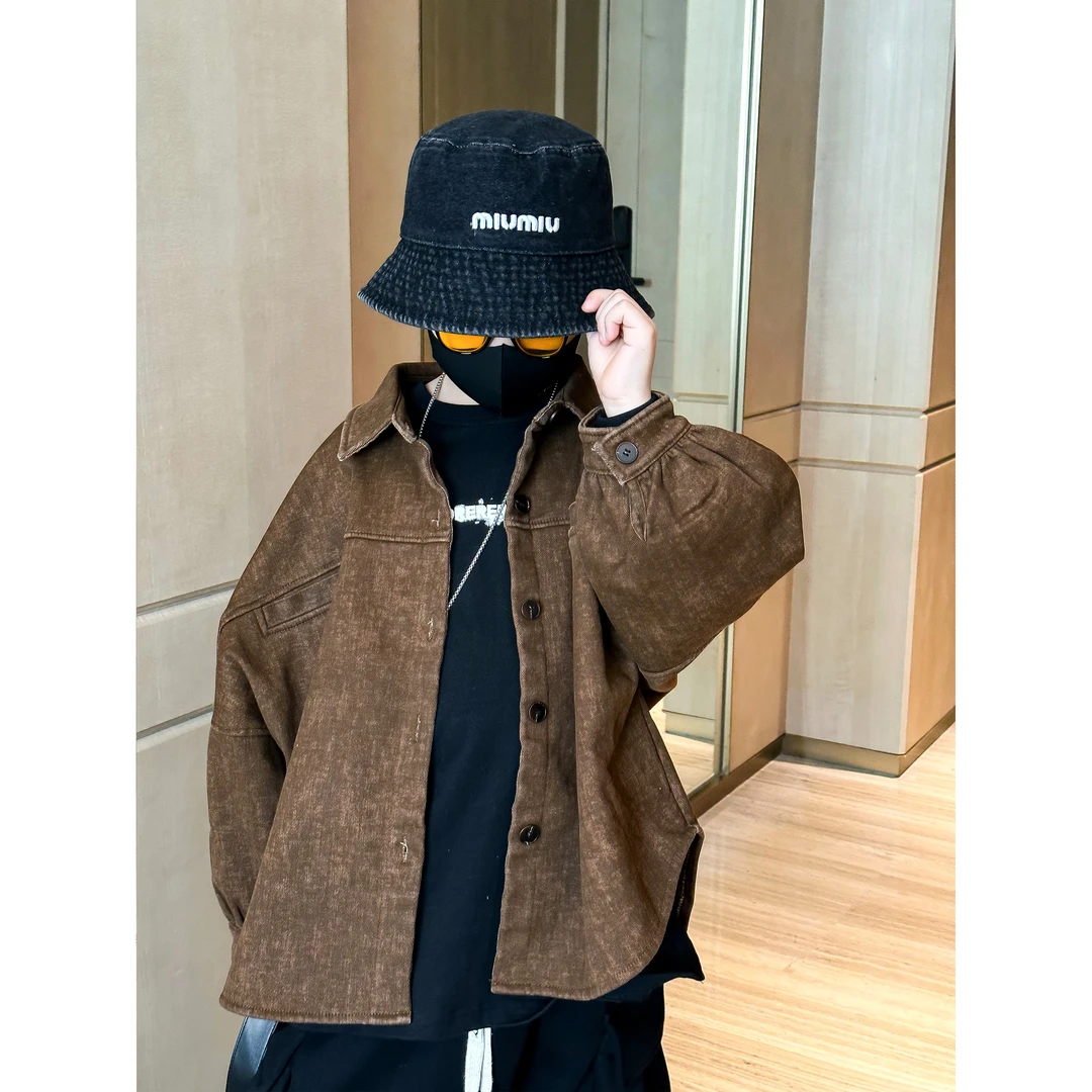 蛋蛋家【棕色宽松外套】冬季新款儿童时尚棕色宽松衬衣款加厚外套