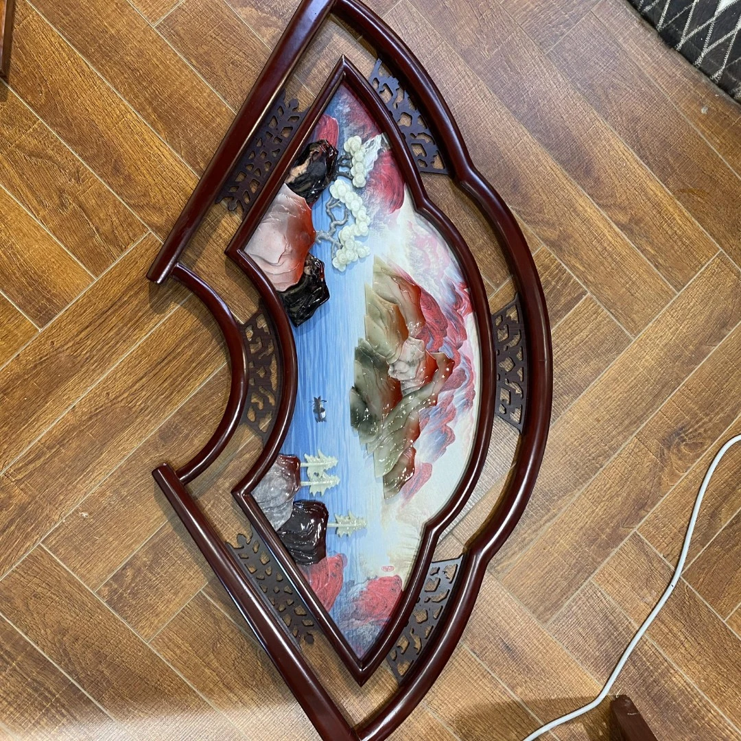 58*117鸿运当头扇形（1300）实木双框玉雕画天然玉石中式品牌展示