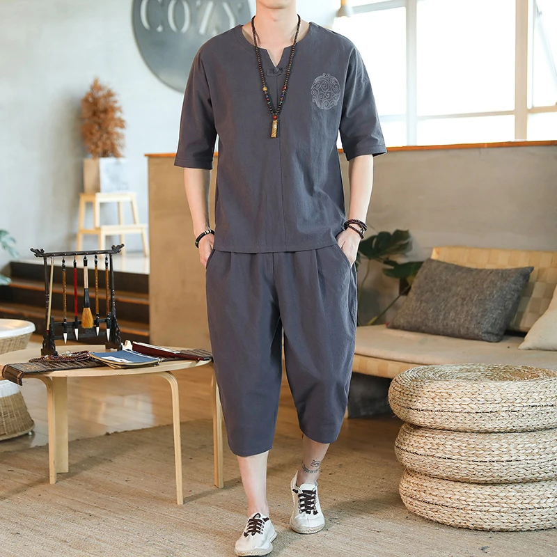 新中式国风休闲裤男士宽松哈伦裤亚麻短袖短裤套装七分裤两件套男
