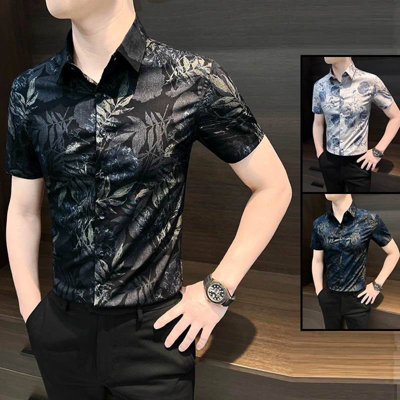 潮牌短袖冰丝痞帅花衬衫男士2025新款夏季高级感修身印花半袖衬衣