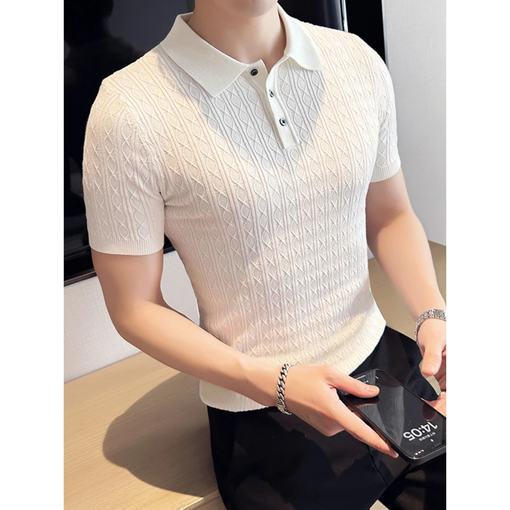 夏季薄款提花针织短袖T恤男款高级感潮牌修身短袖Polo衫翻领体恤
