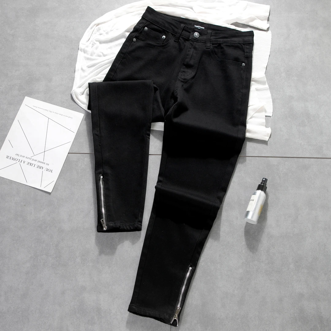 潮牌2025春秋新款牛仔裤男士黑色高街个性百搭弹力修身小脚长裤男