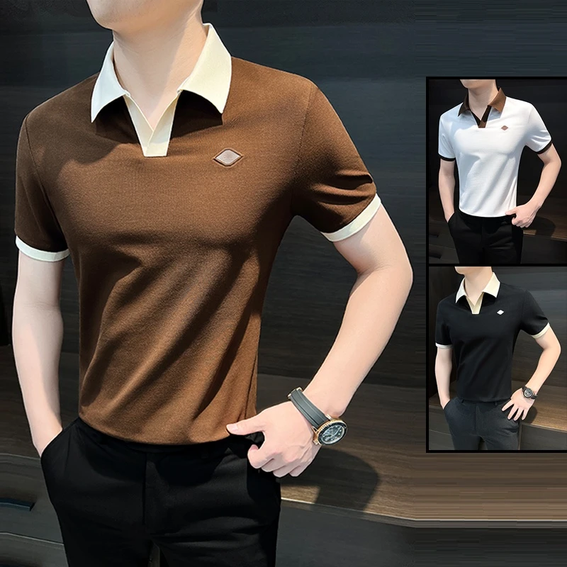 潮牌拼色短袖polo衫男痞帅夏季冰丝男装2025新款修身商务休闲t恤