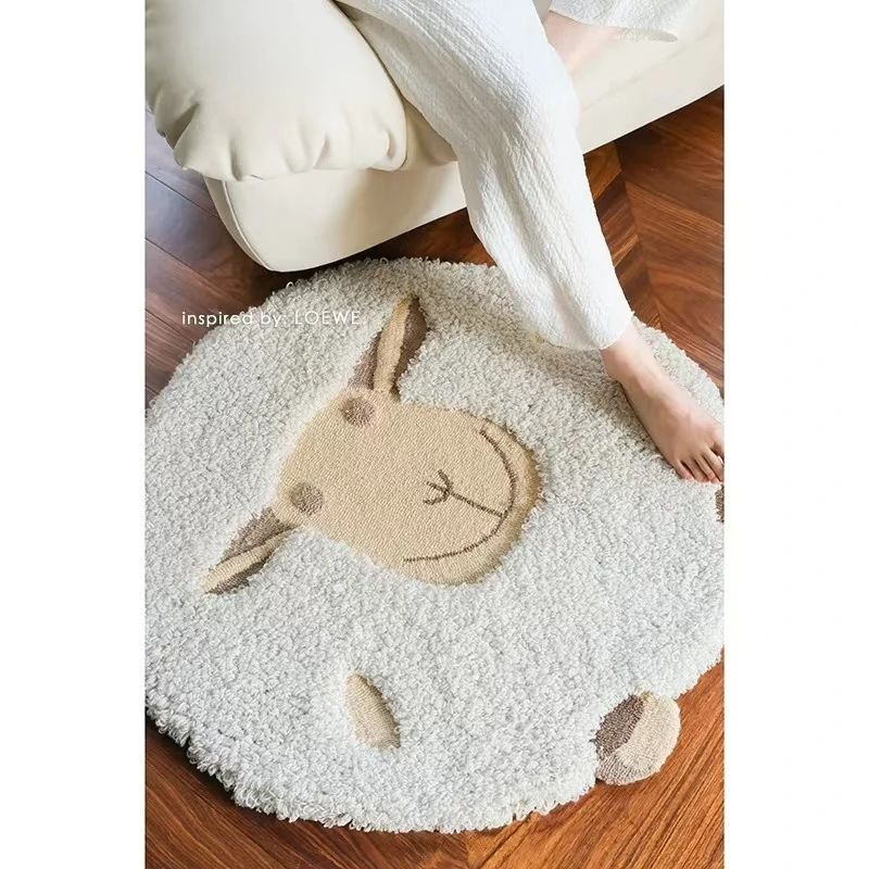 奶油风小羊圆形地毯客厅轻奢植绒圆地垫卧室床边毯1米直径