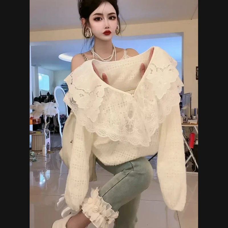 女士大衫-2024秋冬新款时尚洋气显瘦名媛长袖娃娃领女士大衫百搭