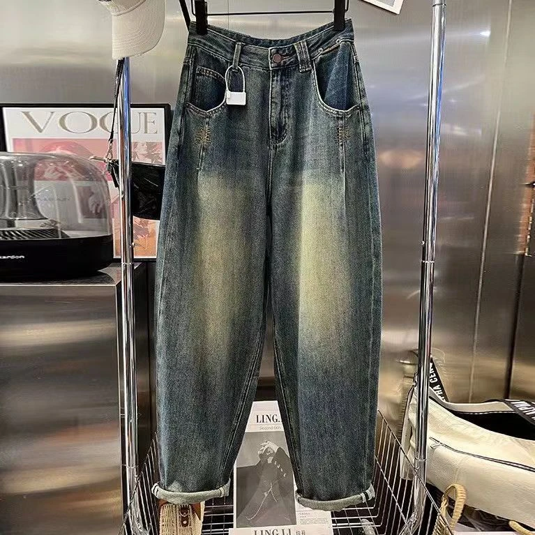 牛仔裤裤子大码直筒宽松长裤破洞水洗老爹薄款香蕉哈伦裤