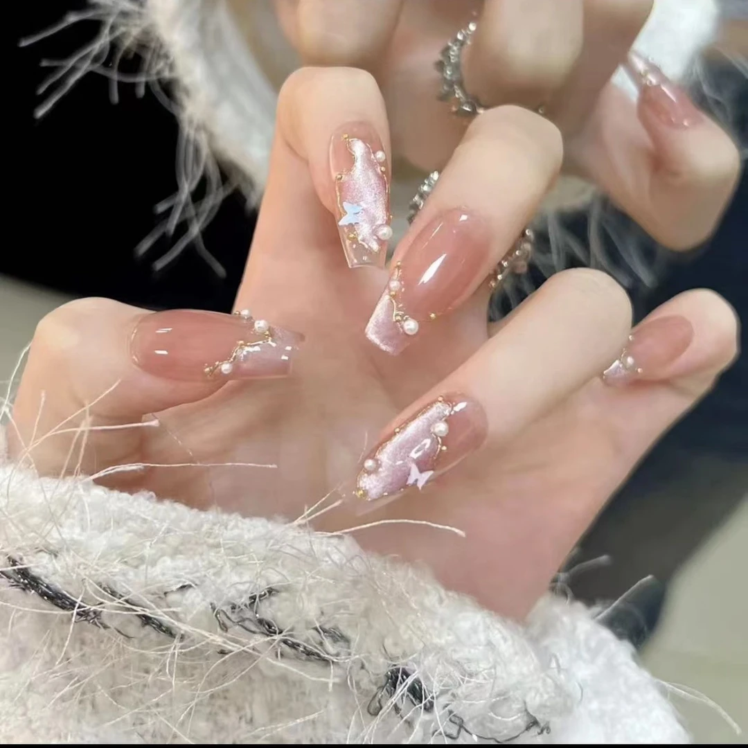 【蝶翼珍珠】纯手工穿戴甲美甲甲片爆款气质显白可拆美甲贴片夏季新