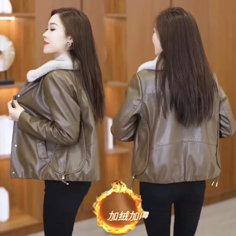 加绒加厚新款皮衣女2024秋冬洋气质减龄皮衣短外套女宽松显瘦上衣