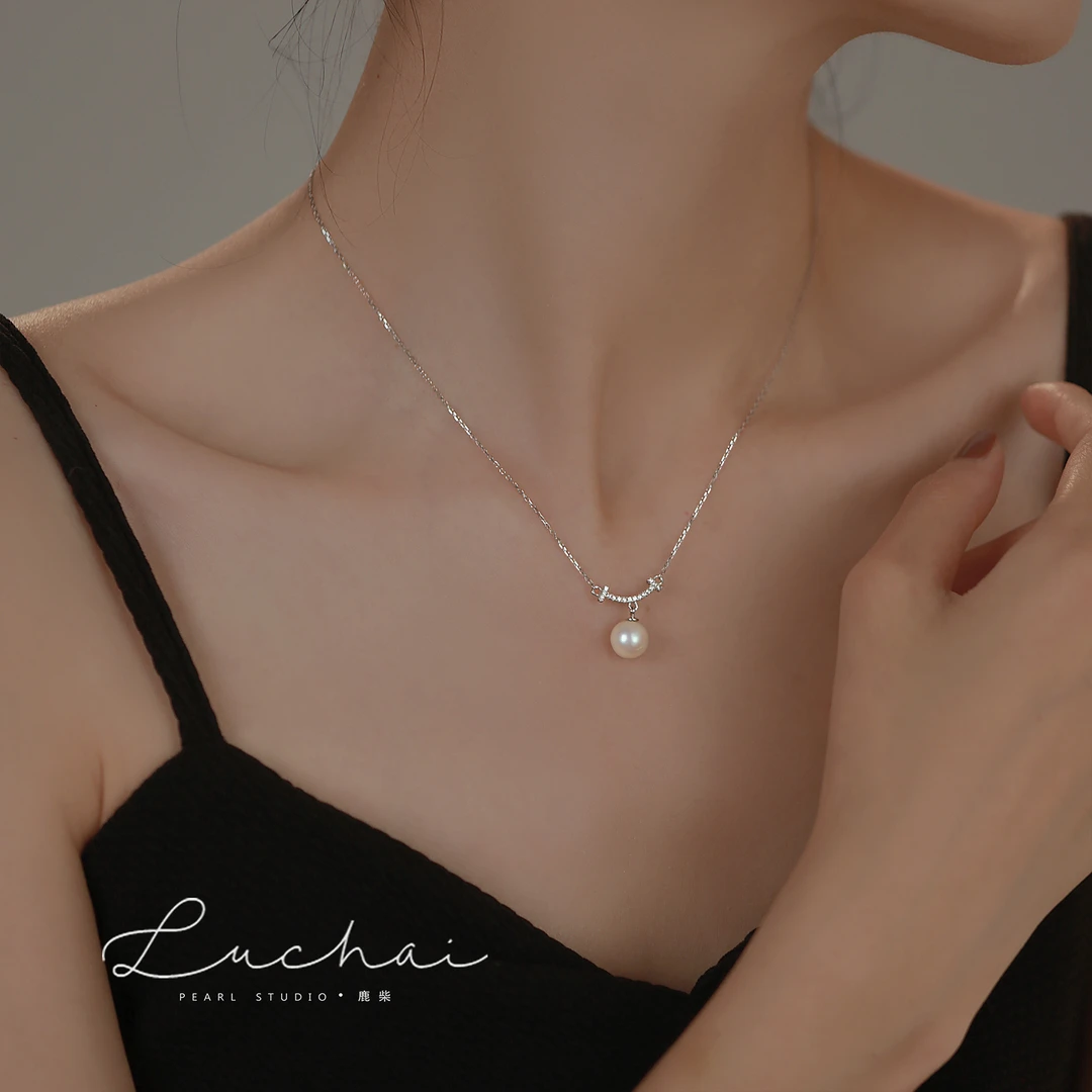 S925银微笑珍珠项链女纯银轻奢小众时尚气质强光精致冷淡风温柔