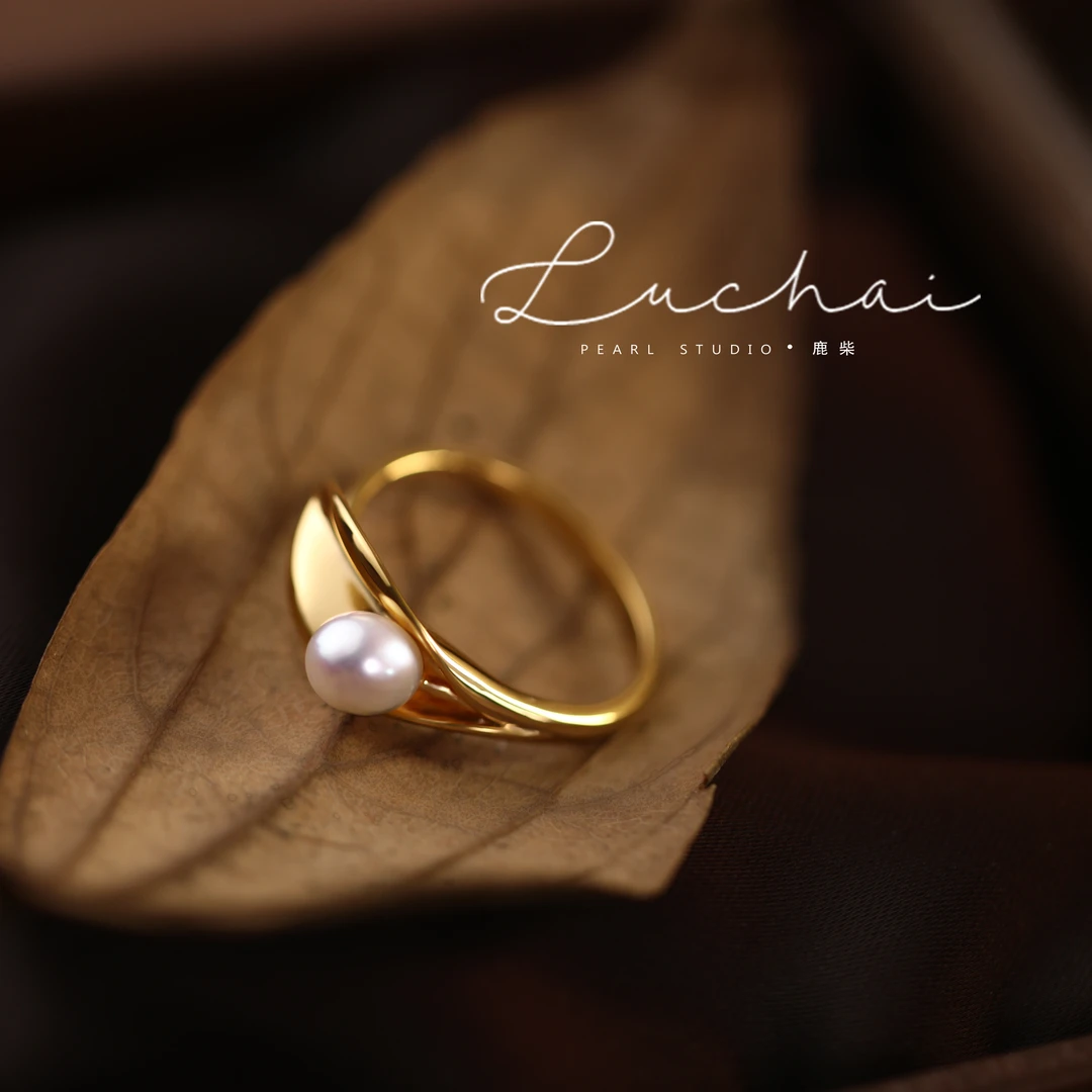 叶子珍珠戒指高级感金色轻奢法式简约时尚个性开口戒百搭指环女生