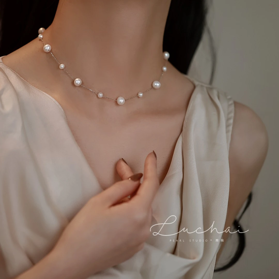 错落满天星珍珠项链女S925银轻奢气质小众百搭简约镶嵌锁骨链时尚