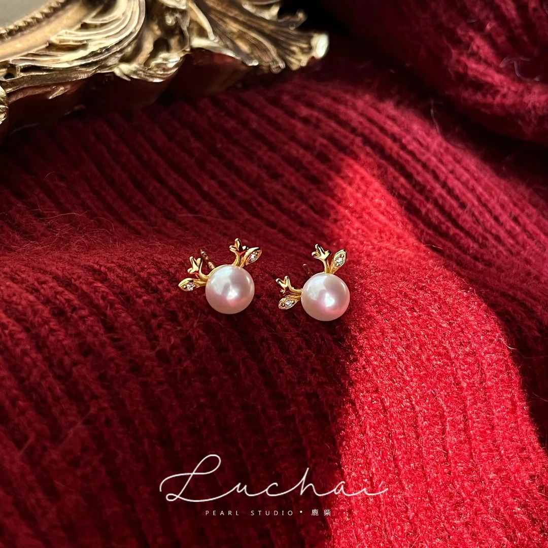 鹿角珍珠耳钉轻奢气质甜美耳环小众简约百搭一鹿有你高级感耳环