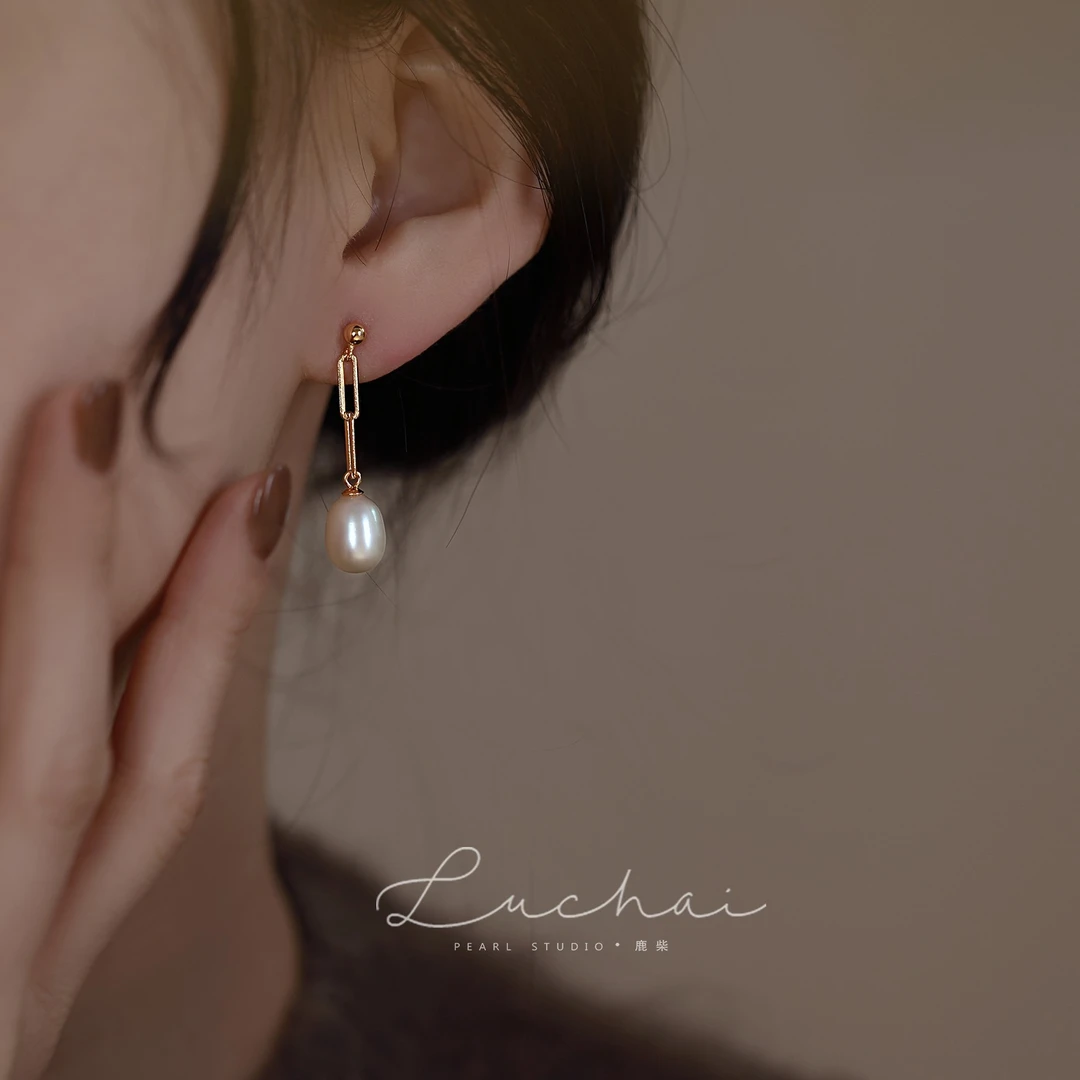 S925银链条珍珠耳钉女法式复古气质小众轻奢耳坠高级感精致耳环
